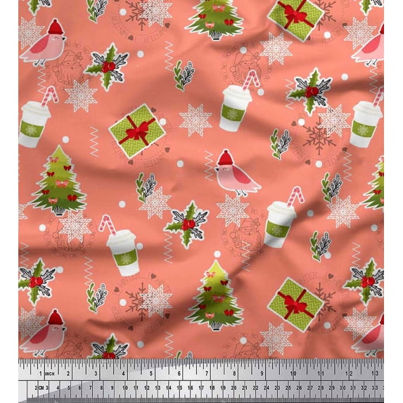 Soimoi Orange Japan Crepe Satin Fabric Coffee Cup,Gift Box & Tree Christmas Printed Fabric 1 Yard 42 Inch Wide