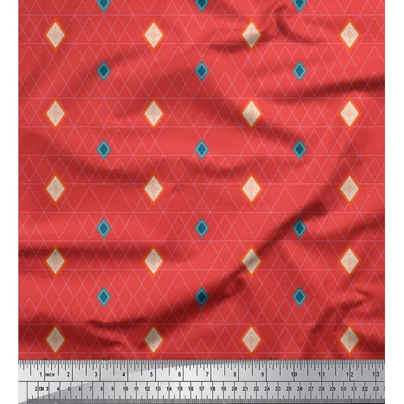 Soimoi Orange Japan Crepe Satin Fabric Diamond Geometric Print Fabric by the Yard 42 Inch Wide
