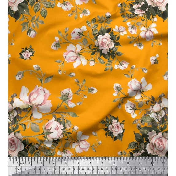 Soimoi Orange Japan Crepe Satin Fabric Leaves & Rose Floral Print Fabric by Yard 42 Inch Wide