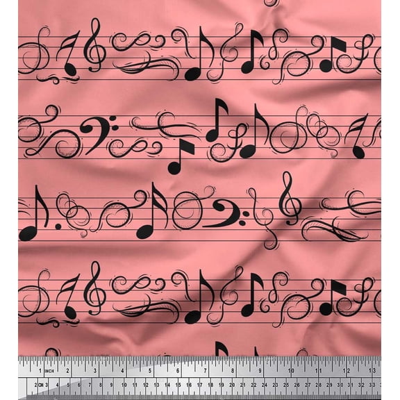 Soimoi Orange Modal Satin Fabric Notes Musical Instrument Print Sewing Fabric Yard 42 Inch Wide