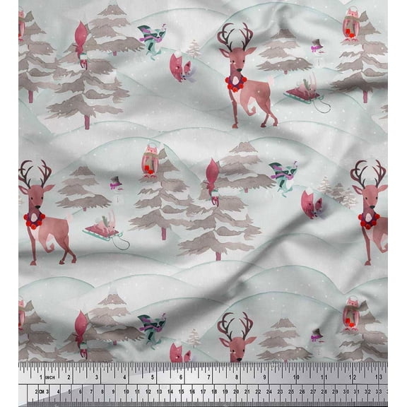 Soimoi Orange Poly Georgette Fabric Animals,Tree & Snow Nature Print Fabric by the Yard 42 Inch Wide
