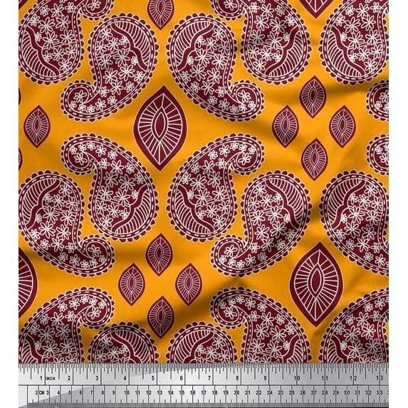 Soimoi Orange Poly Georgette Fabric Maroon Paisley Print Fabric by Yard 52 Inch Wide
