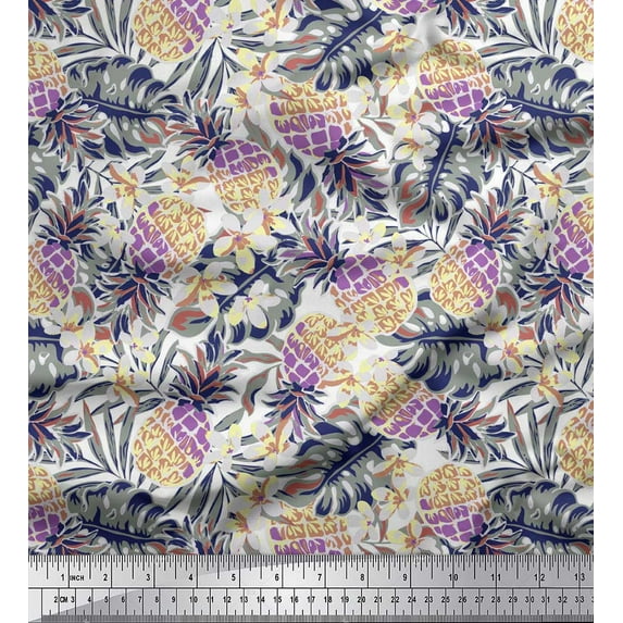 Soimoi Orange Poly Georgette Fabric Monstera Leaf & Pine Fruits Decor Fabric Printed Yard 42 Inch Wide