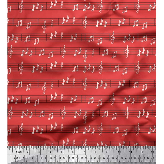 Soimoi Orange Poly Georgette Fabric Notes Musical Instrument Print Fabric by Yard 42 Inch Wide