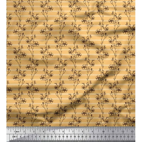 Soimoi Orange Poly Georgette Fabric Stripe & Flower Print Fabric by the Yard 42 Inch Wide