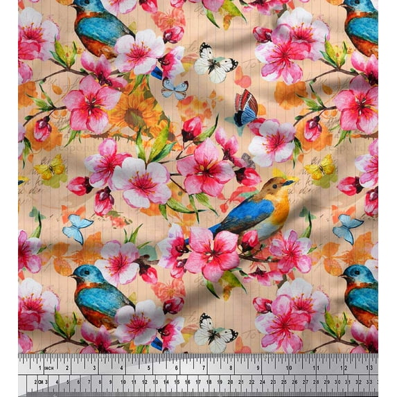 Soimoi Orange Polyester Crepe Fabric Stripe,American Robin & Pink Floral Print Fabric by Yard 52 Inch Wide