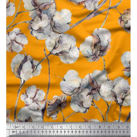 Soimoi Orange Rayon Crepe Fabric Cotton Ball Floral Print Sewing Fabric Yard 46 Inch Wide