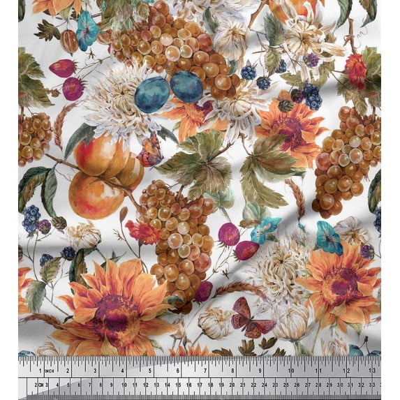 Soimoi Orange Rayon Fabric Grapes & Sunflower Flower Fabric Prints by Yard 56 Inch Wide