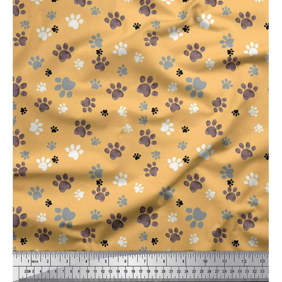 Soimoi Orange Rayon Fabric Paw Dog Fabric Prints By Yard 42 Inch Wide