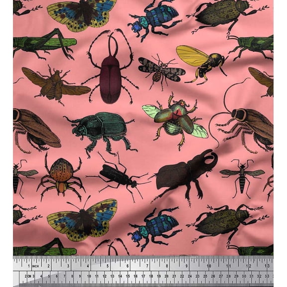 Soimoi Orange Silk Fabric Beetle & Honey Bee Insects Decor Fabric Printed BTY 42 Inch Wide