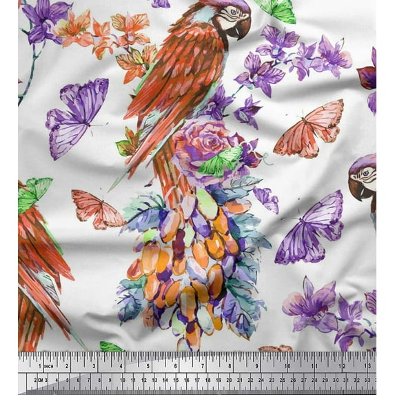 Soimoi Orange Silk Fabric Floral,Insect & Parrot Bird Printed Craft Fabric by The Yard 42 Inch Wide