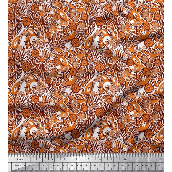Soimoi Orange Silk Fabric Floral,Leopard & Wild Animal Skin Printed Fabric 1 Yard 42 Inch Wide