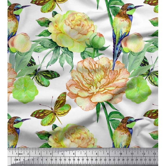 Soimoi Orange Silk Fabric Hummingbird,Insect & Floral Print Sewing Fabric BTY 42 Inch Wide