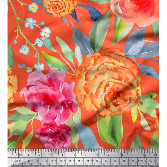 Soimoi Orange Silk Fabric Leaves,Peach & Pink Floral Print Fabric by Yard 42 Inch Wide