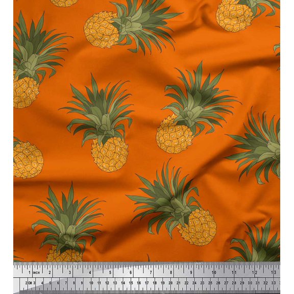 Soimoi Orange Silk Fabric Pine Fruits Print Sewing Fabric Yard 42 Inch Wide