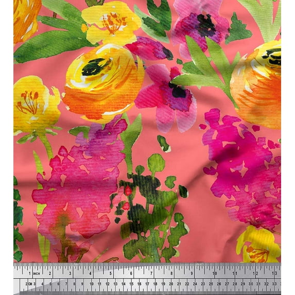 Soimoi Orange Viscose Chiffon Fabric Leaves & Floral Print Fabric by The Yard 42 Inch Wide