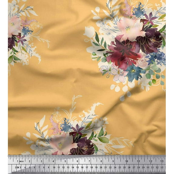 Soimoi Orange Viscose Chiffon Fabric Leaves & Peony Floral Print Printed Craft Fabric By the Yard 42 Inch Wide