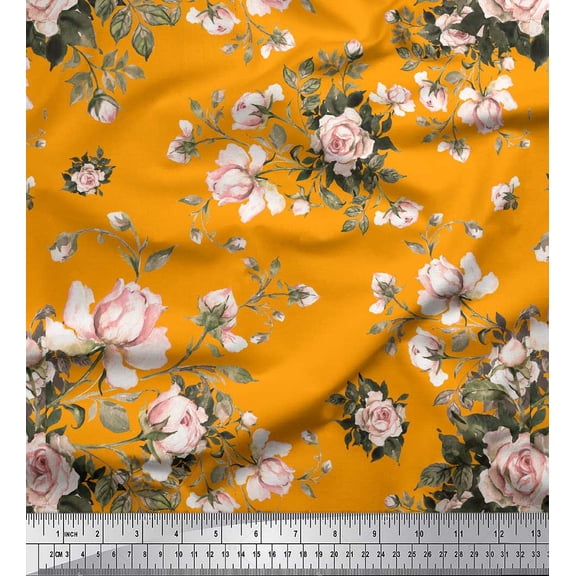 Soimoi Orange Viscose Chiffon Fabric Leaves & Rose Floral Print Fabric by the Yard 42 Inch Wide