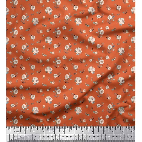 Soimoi Orange Viscose Chiffon Fabric Leaves & Rose Floral Print Sewing Fabric Yard 42 Inch Wide