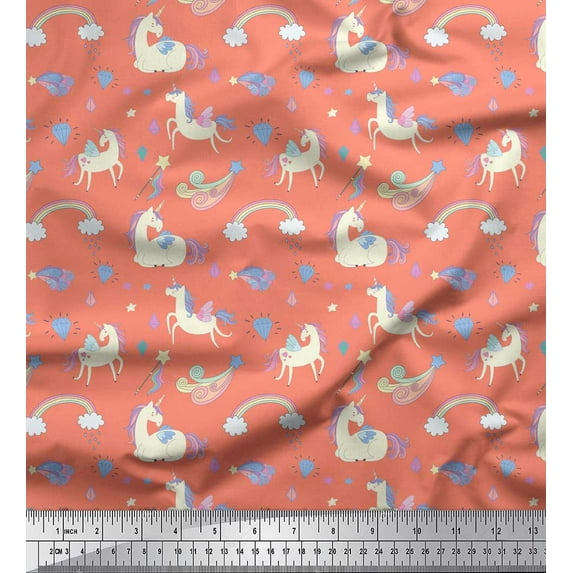 Soimoi Orange Viscose Chiffon Fabric Rainbow & Unicorn Animal Fabric Prints By Yard 42 Inch Wide