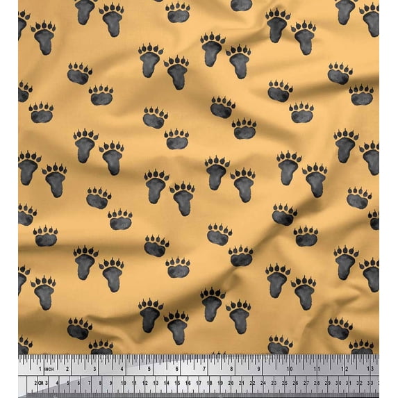 Soimoi Orange polyester Crepe Fabric Bear Stencil Foot Animal Printed Fabric 1 Yard 42 Inch Wide
