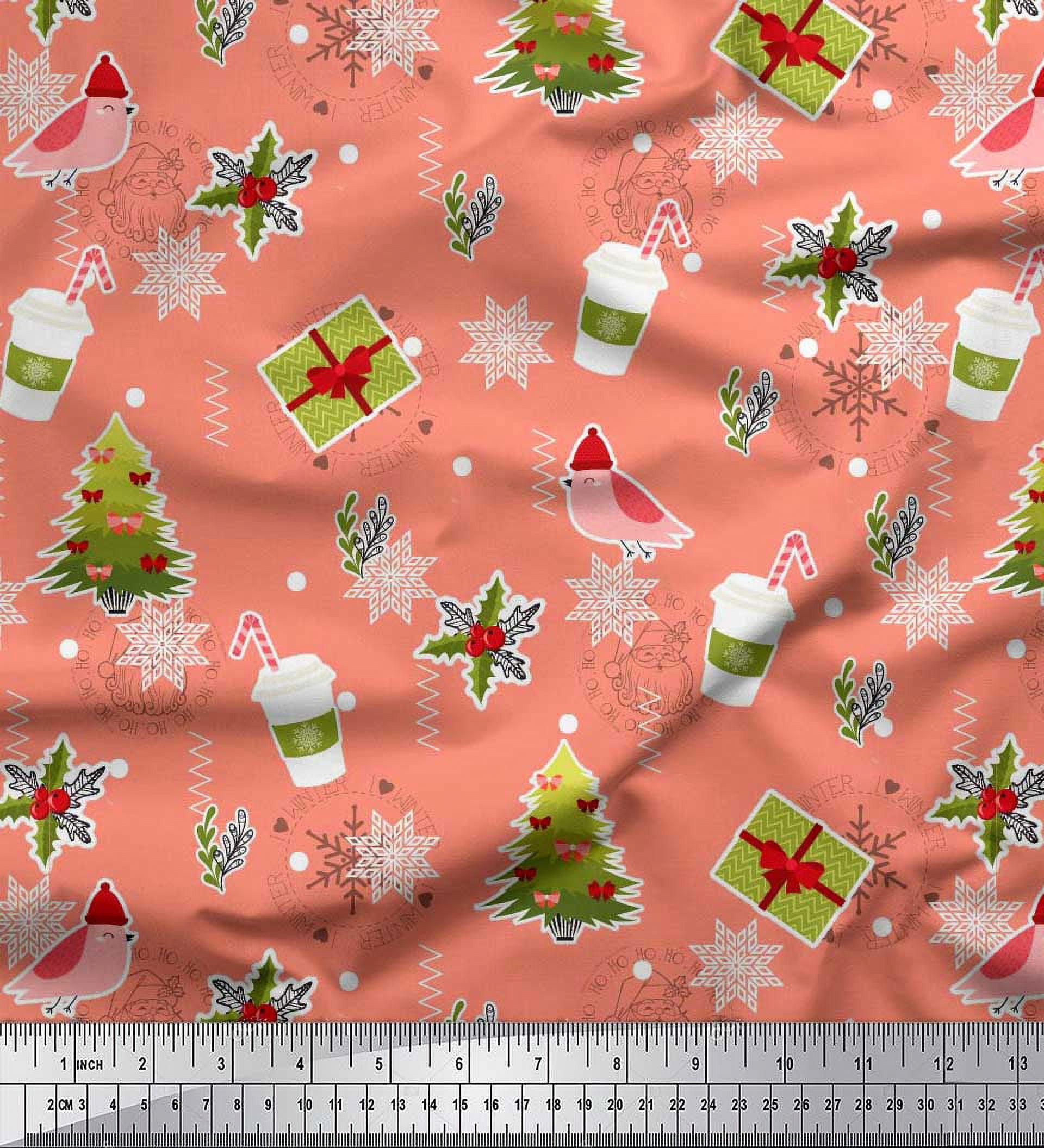 Soimoi Orange polyester Crepe Fabric Coffee Cup,Gift Box & Tree Christmas Print Fabric by the Yard 42 Inch Wide