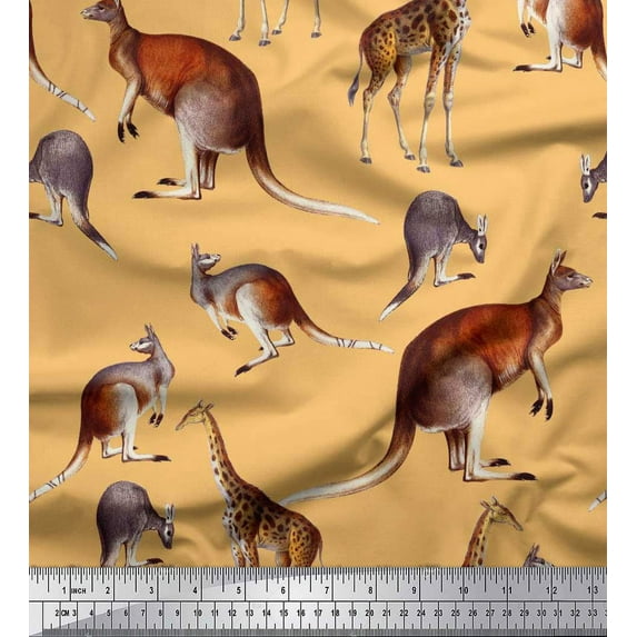 Soimoi Orange polyester Crepe Fabric Kangaroo & Giraffe Animal Printed Craft Fabric by the Yard 52 Inch Wide