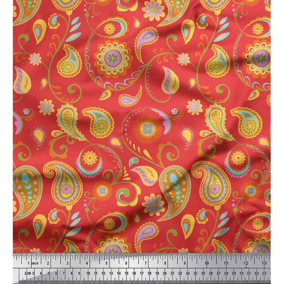 Soimoi Orange polyester Crepe Fabric Mandala & Paisley Decor Fabric Printed Yard 42 Inch Wide