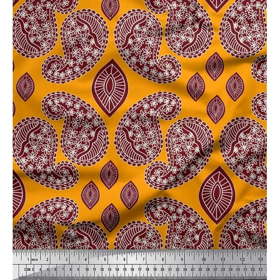 Soimoi Orange polyester Crepe Fabric Maroon Paisley Print Sewing Fabric Yard 42 Inch Wide