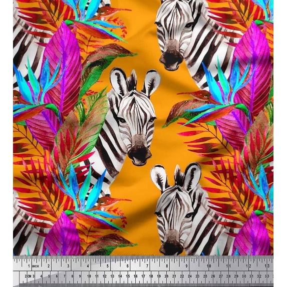 Soimoi Orange polyester Crepe Fabric Tropical Leaves & Wild Animal Print Fabric by The Yard 42 Inch Wide