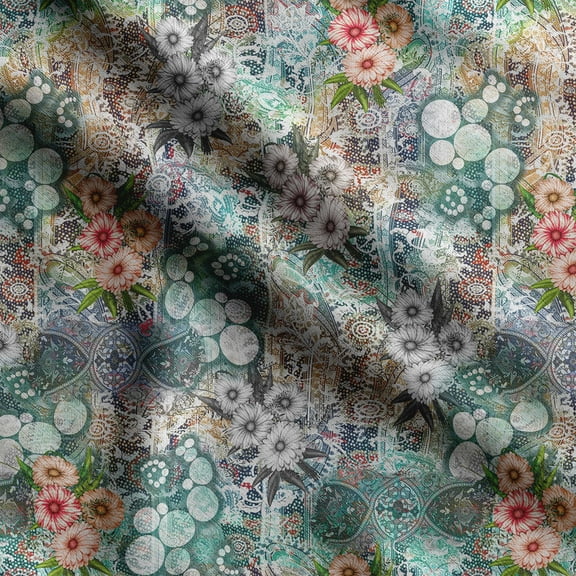Soimoi Patchwork Print, Silk Fabric, Decor Sewing Fabric by The Yard 42 Inch Wide,Decorative Fabric for Shirts Suits Ties, Teal Green