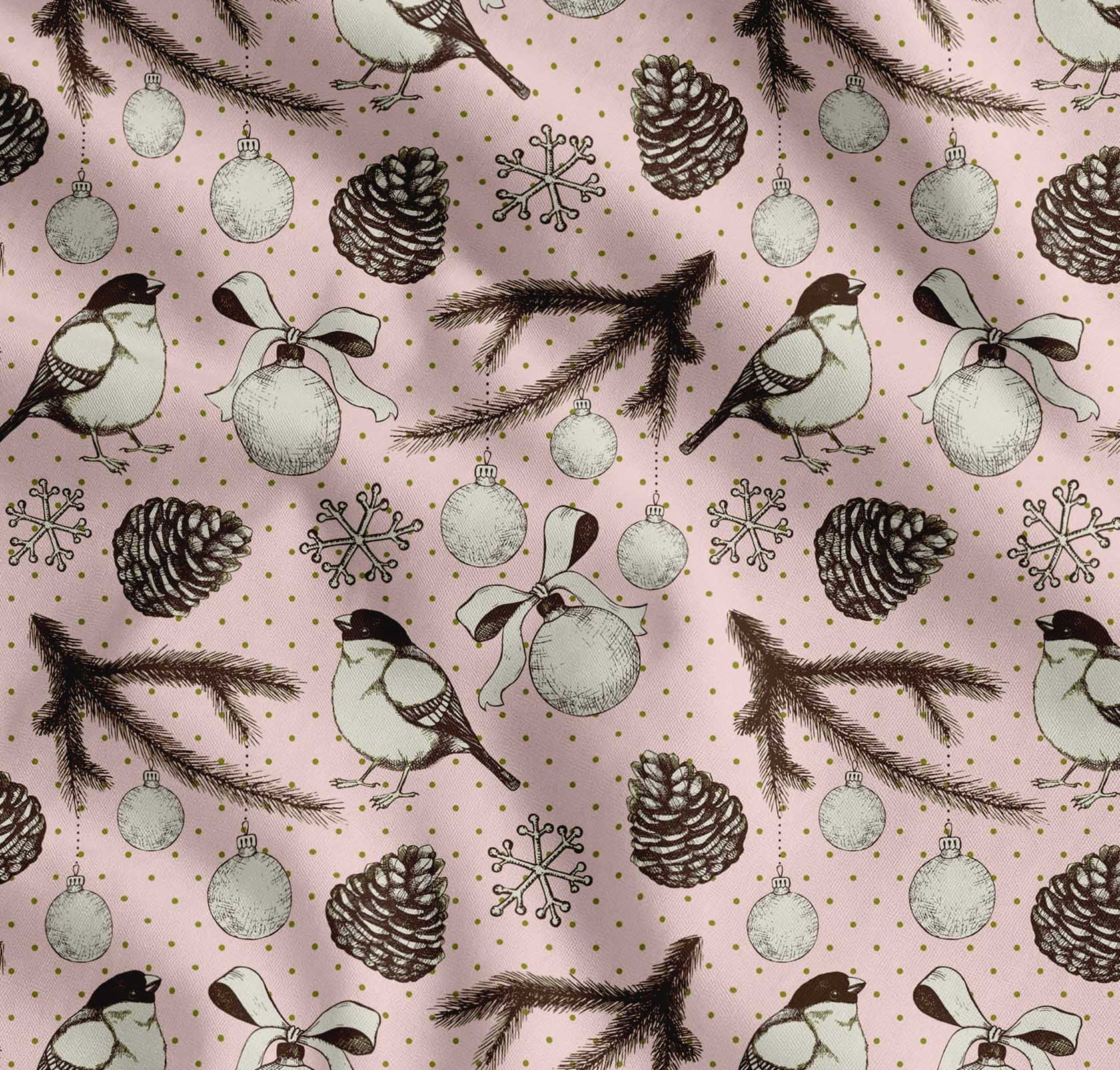 Soimoi Pink Cotton Cambric Fabric American Robin & Baubles Christmas Print Fabric by The Yard 56 Inch Wide