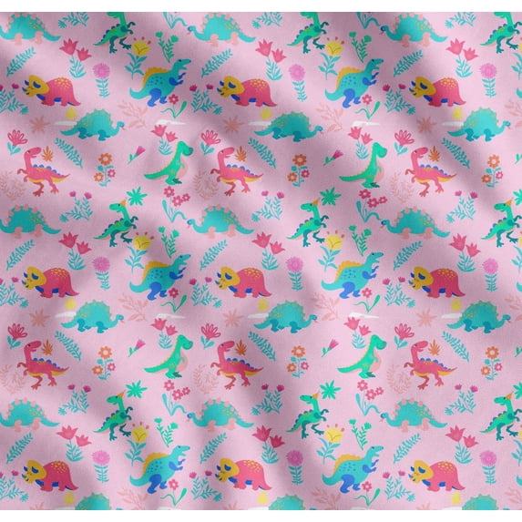 Soimoi Pink Cotton Cambric Fabric Aster Flower & Dinosaur Kids Decor Fabric Printed Yard 42 Inch Wide