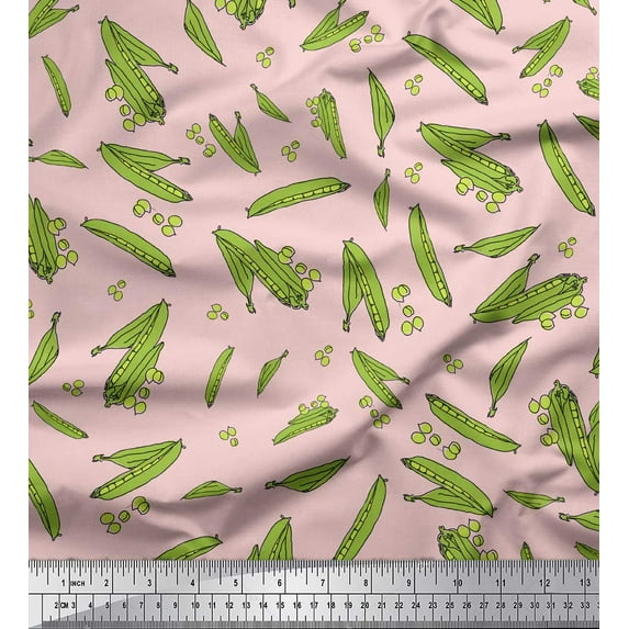 Soimoi Pink Cotton Cambric Fabric Green Peas Vegetable Print Fabric by the Yard 42 Inch Wide