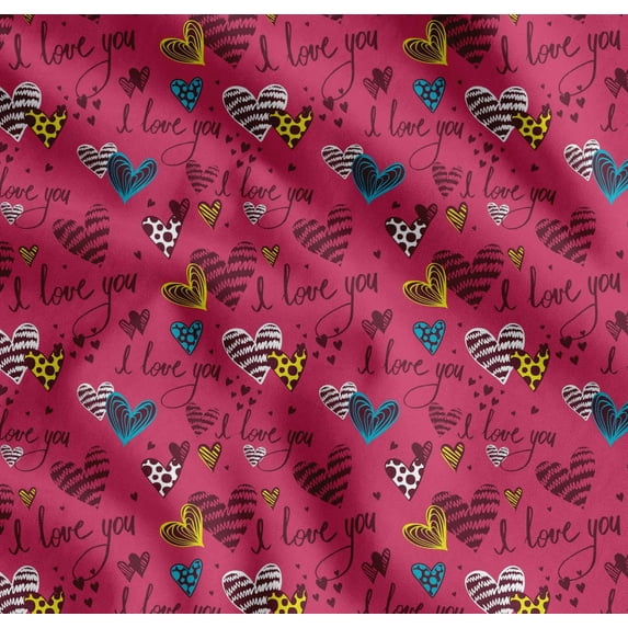 Soimoi Pink Cotton Cambric Fabric Heart & I Love You Text Print Fabric by Yard 42 Inch Wide