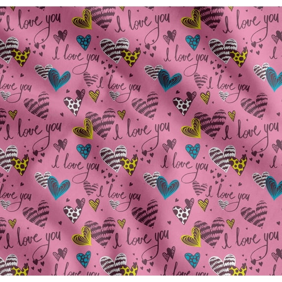 Soimoi Pink Cotton Cambric Fabric Heart & I Love You Text Print Fabric by Yard 56 Inch Wide