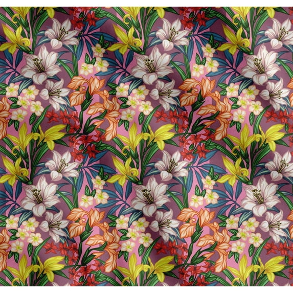 Soimoi Pink Cotton Cambric Fabric Leaves, & Lily Floral Printed Craft Fabric by the Yard 56 Inch Wide
