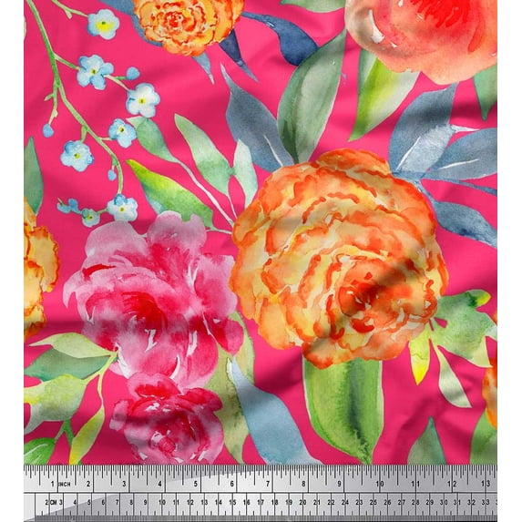 Soimoi Pink Cotton Cambric Fabric Leaves,Peach & Pink Floral Printed Fabric 1 Yard 42 Inch Wide
