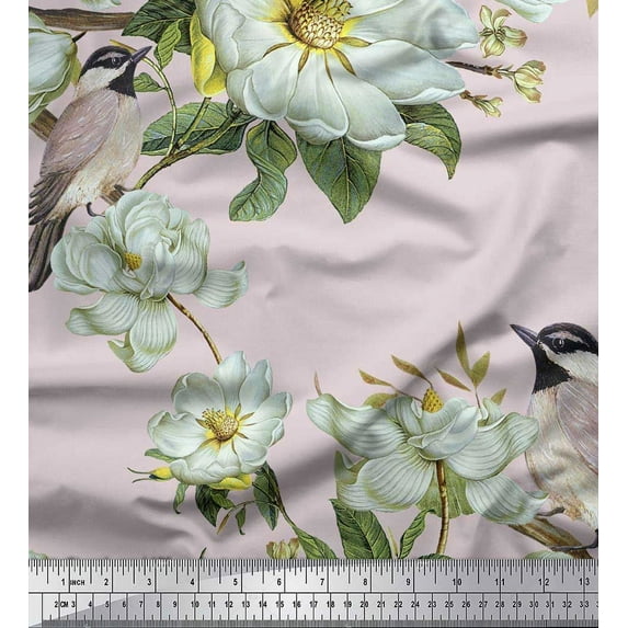 Soimoi Pink Cotton Cambric Fabric Leaves,White Floral & Bird Print Fabric by The Yard 42 Inch Wide