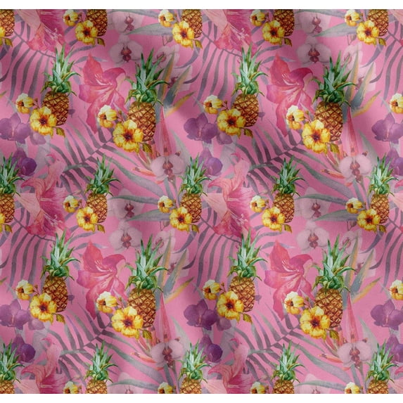Soimoi Pink Cotton Cambric Fabric Lily & Pine Fruits Decor Fabric Printed Yard 56 Inch Wide