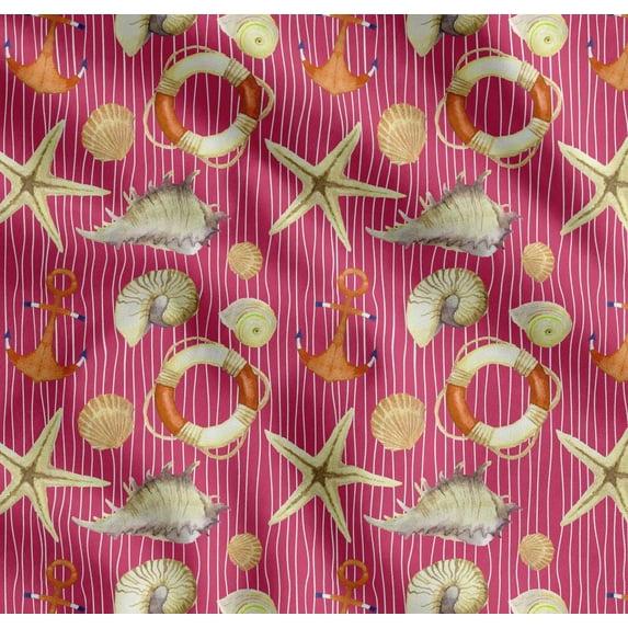 Soimoi Pink Cotton Cambric Fabric Stripe,Seashell & Starfish Ocean Print Fabric by the Yard 56 Inch Wide