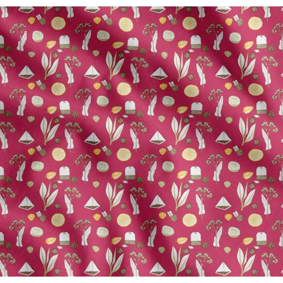 Soimoi Pink Cotton Cambric Fabric Tea Bag,Herbs & Lemon Slice Vegetable Print Sewing Fabric Yard 42 Inch Wide