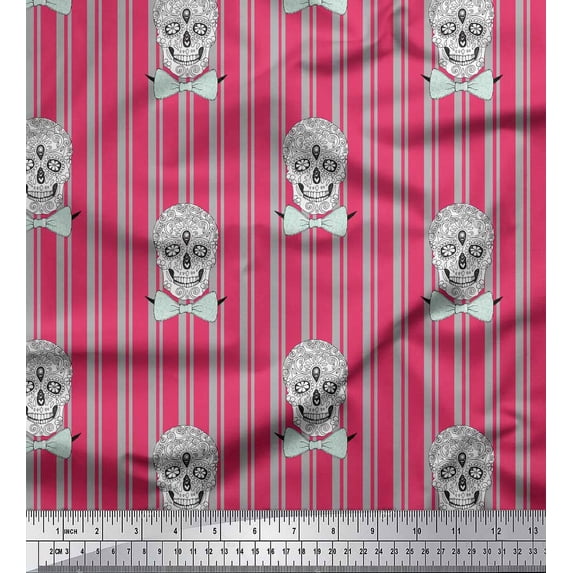 Soimoi Pink Cotton Duck Fabric Bow & Artistic Skull Stripe Fabric Prints By Yard 42 Inch Wide