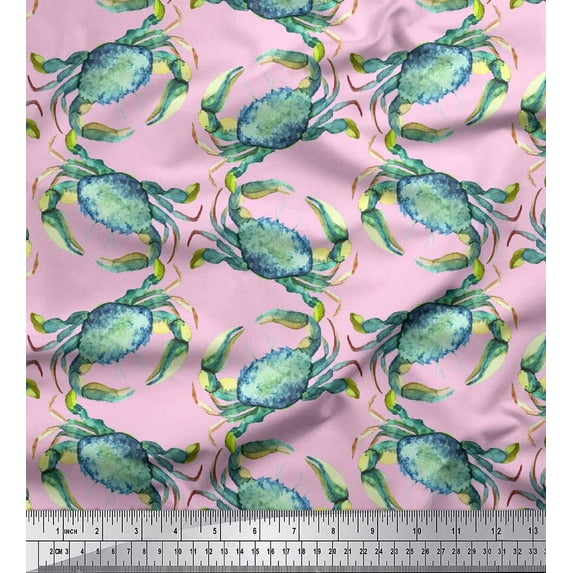 Soimoi Pink Cotton Duck Fabric Crabs Ocean Print Fabric by Yard 56 Inch Wide