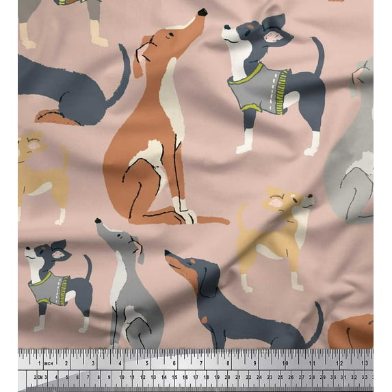 Soimoi Pink Cotton Duck Fabric Cute Dog Print Fabric by the Yard 44 Inch Wide