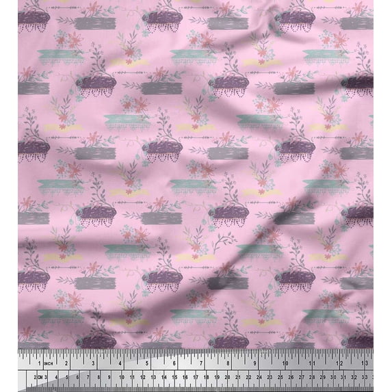 Soimoi Pink Cotton Duck Fabric Floral & Leaves Fabric Prints By Yard 56 Inch Wide