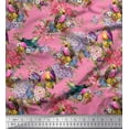 thumbnail image 1 of Soimoi Pink Cotton Duck Fabric Leaves,Floral & American Robin Bird Print Fabric by The Yard 56 Inch Wide, 1 of 3
