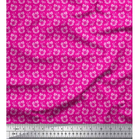 Soimoi Pink Cotton Duck Fabric Leaves & Floral Printed Fabric 1 Yard 44 Inch Wide