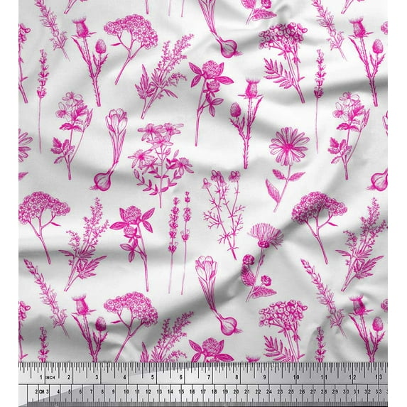 Soimoi Pink Cotton Duck Fabric Leaves & Primrose Floral Printed Fabric 1 Yard 42 Inch Wide