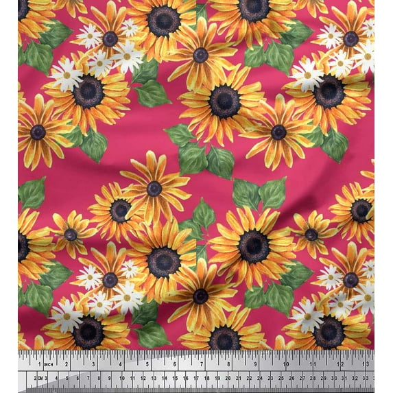 Soimoi Pink Cotton Duck Fabric Leaves & Sunflower Floral Printed Fabric 1 Yard 42 Inch Wide